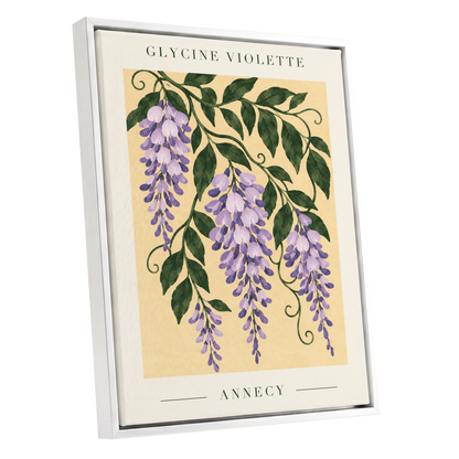 Violet Vines of Annecy, purple, green, beige floral wall art shown as a white framed canvas wall art