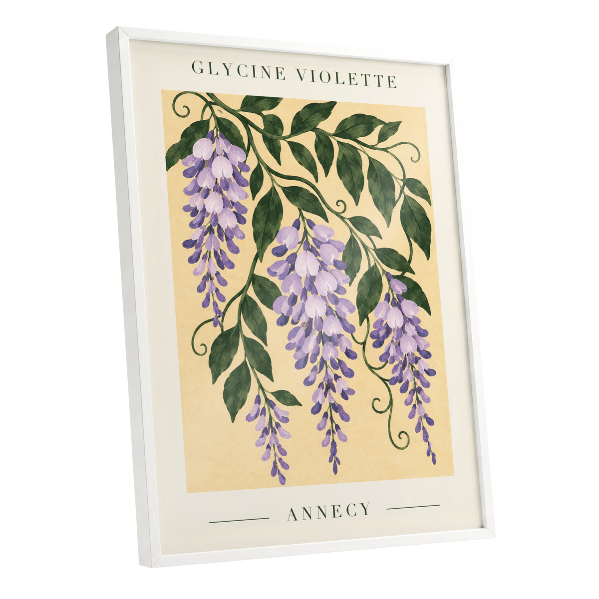 Violet Vines of Annecy, purple, green, beige floral wall art shown as a white framed poster wall art print