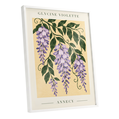 Violet Vines of Annecy, purple, green, beige floral wall art shown as a white framed poster wall art print