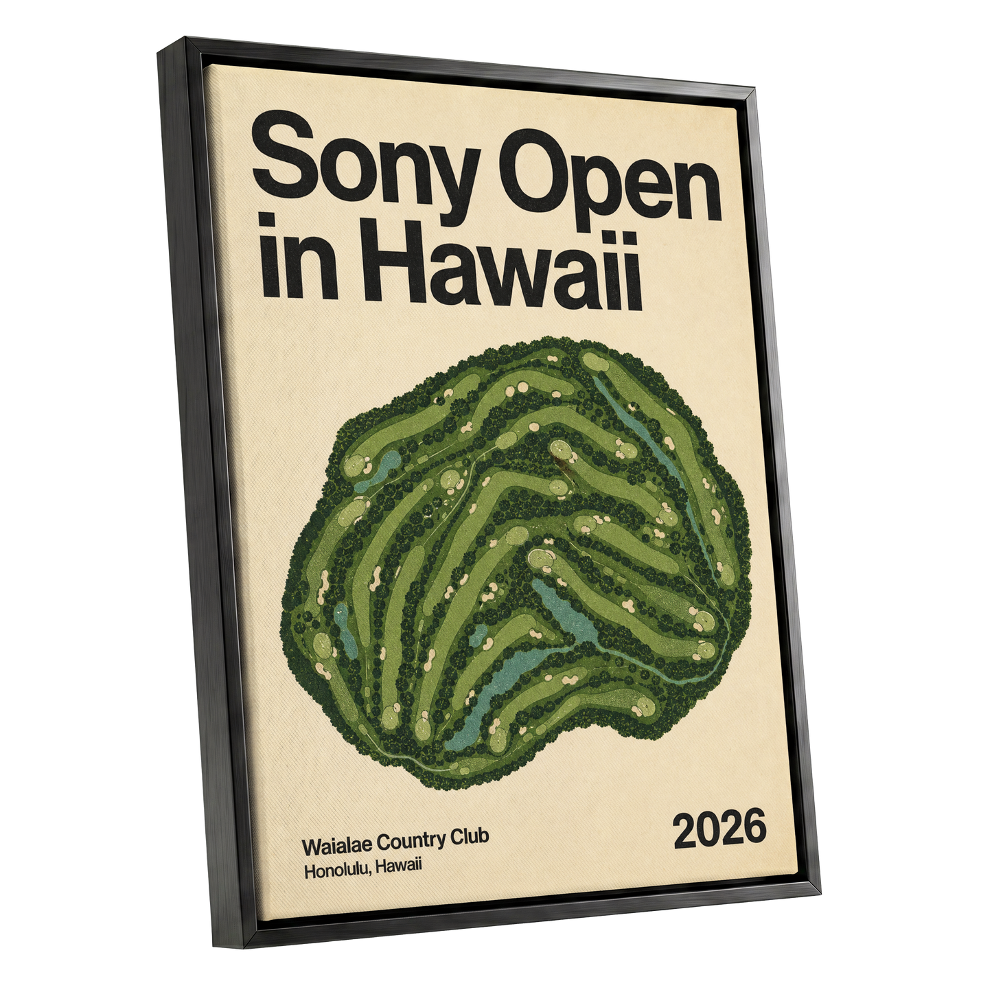 Waialae Greenscape, green, beige, black nature wall art shown as a black framed canvas wall art