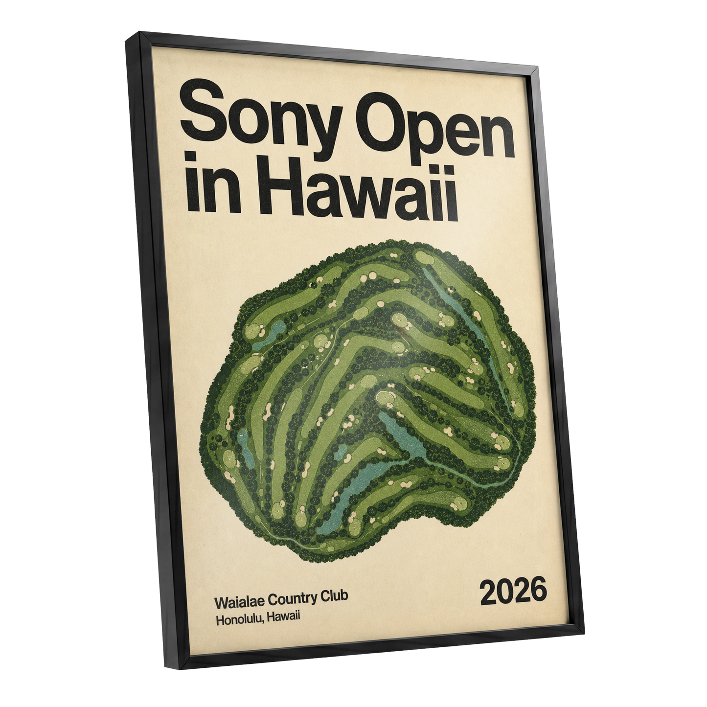 Waialae Greenscape, green, beige, black nature wall art shown as a black framed poster wall art print