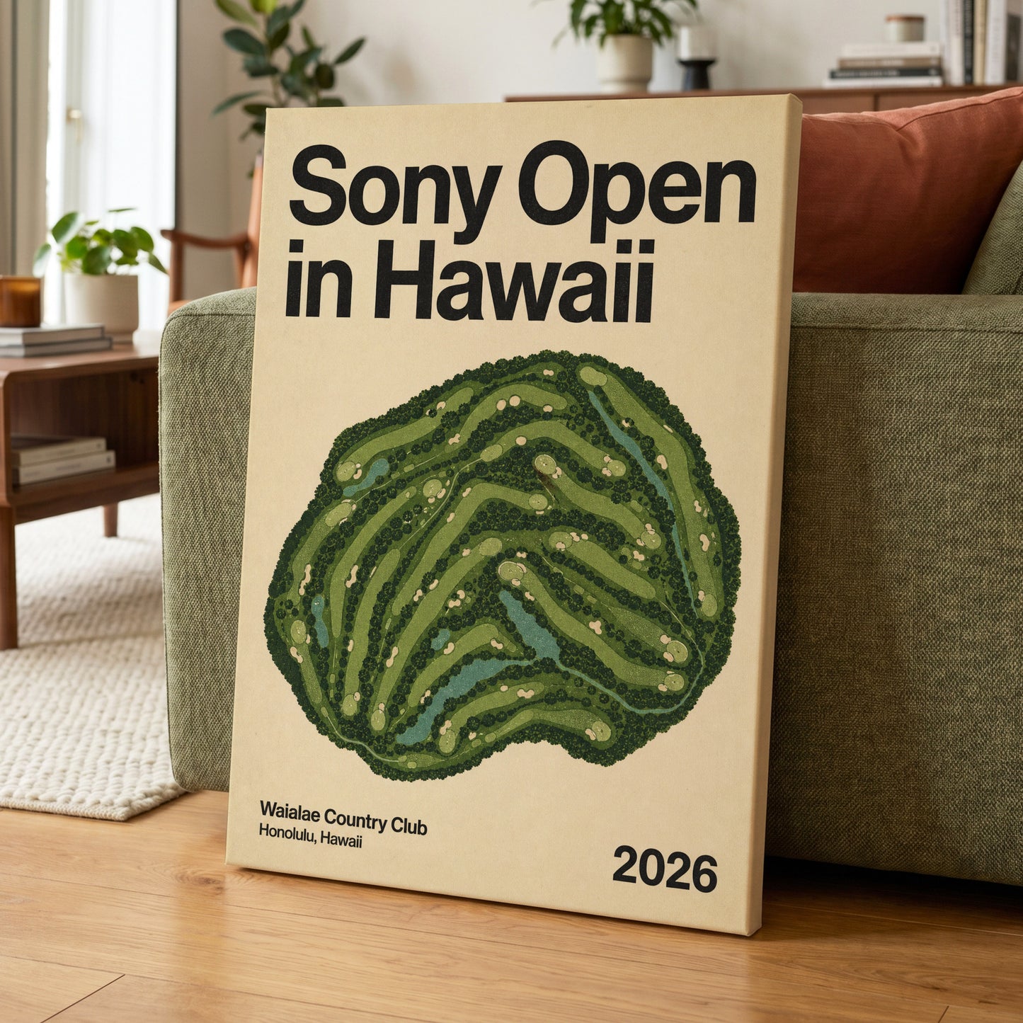 Waialae Greenscape, green, beige, black nature wall art on canvas displayed in a styled interior, gallery view 1