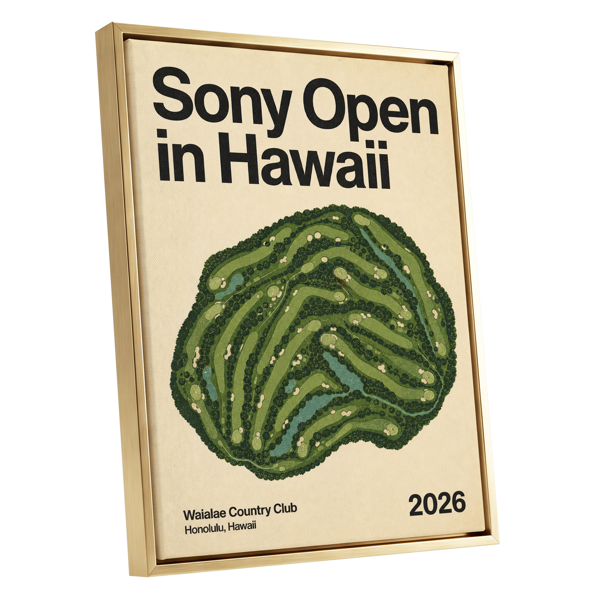Waialae Greenscape, green, beige, black nature wall art shown as a gold framed canvas wall art