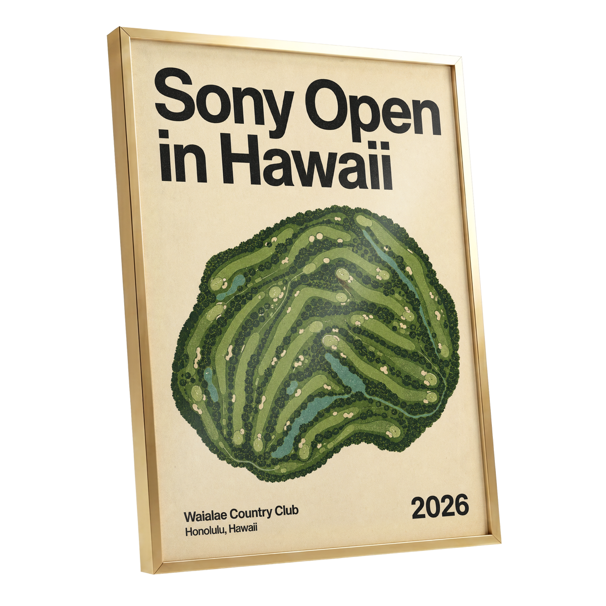 Waialae Greenscape, green, beige, black nature wall art shown as a gold framed poster wall art print