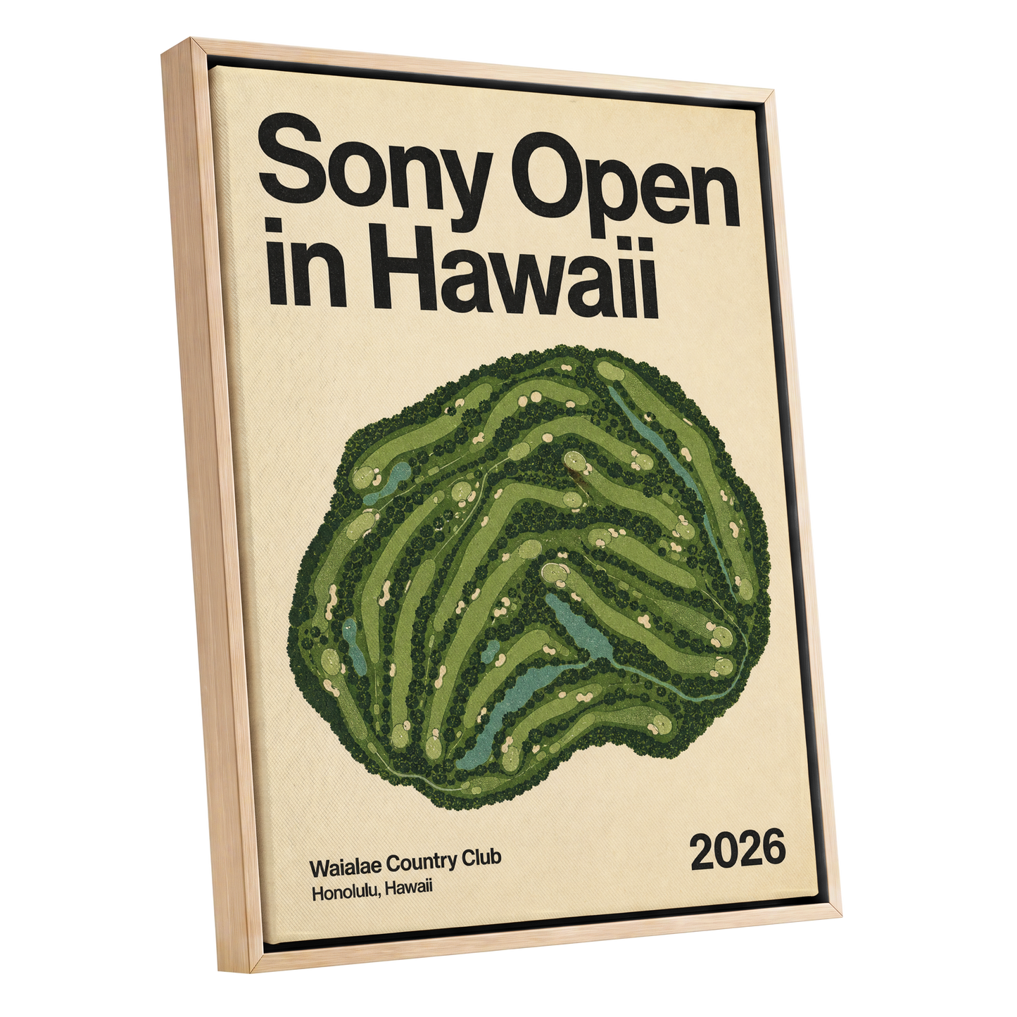 Waialae Greenscape, green, beige, black nature wall art shown as a oak framed canvas wall art