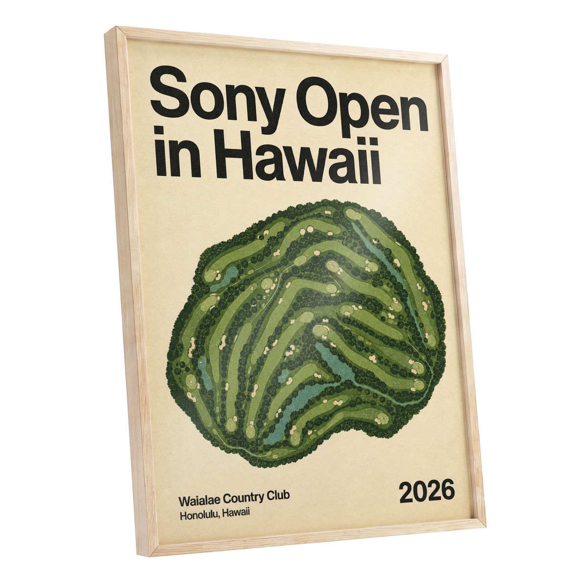 Waialae Greenscape, green, beige, black nature wall art shown as a oak framed poster wall art print