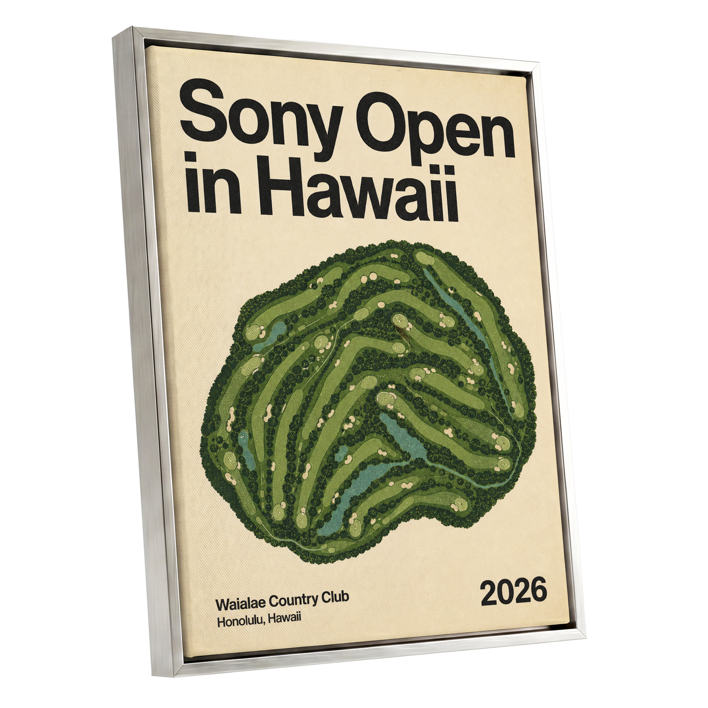 Waialae Greenscape, green, beige, black nature wall art shown as a silver framed canvas wall art