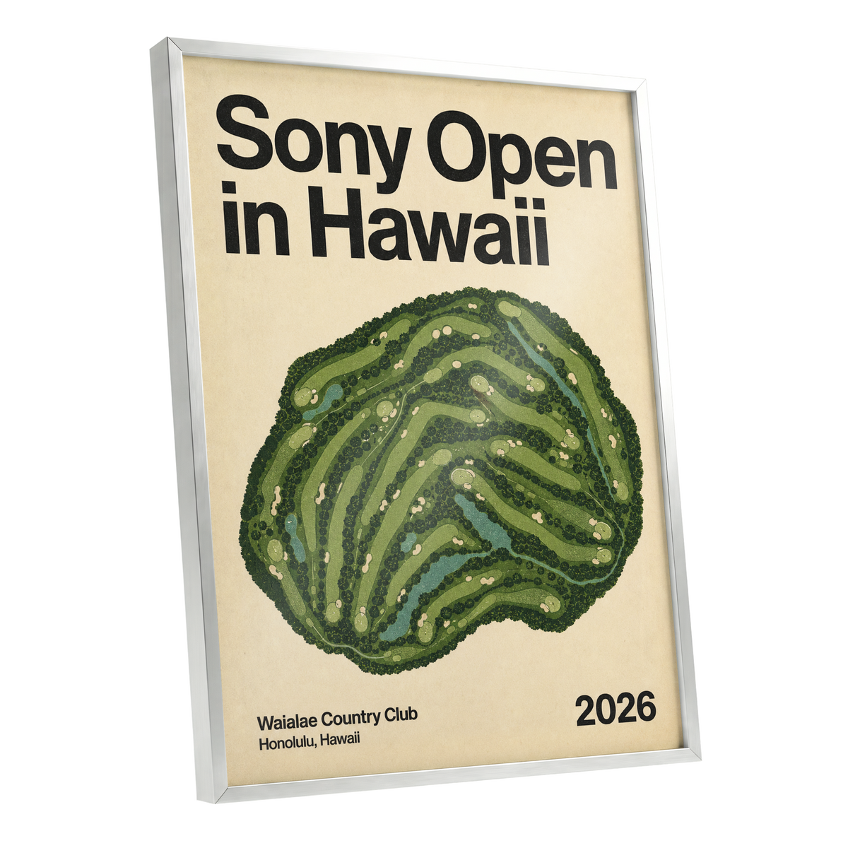 Waialae Greenscape, green, beige, black nature wall art shown as a silver framed poster wall art print