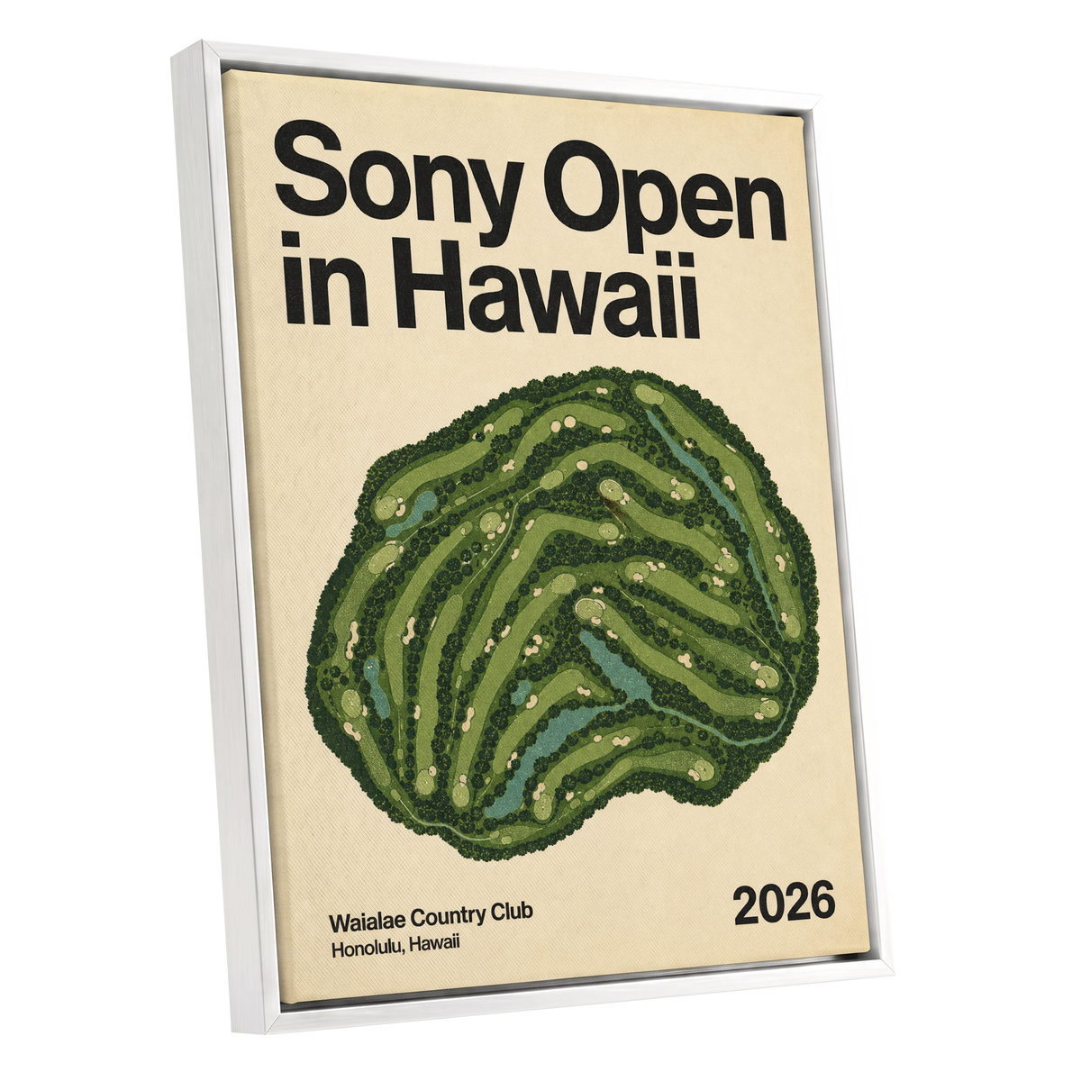Waialae Greenscape, green, beige, black nature wall art shown as a white framed canvas wall art