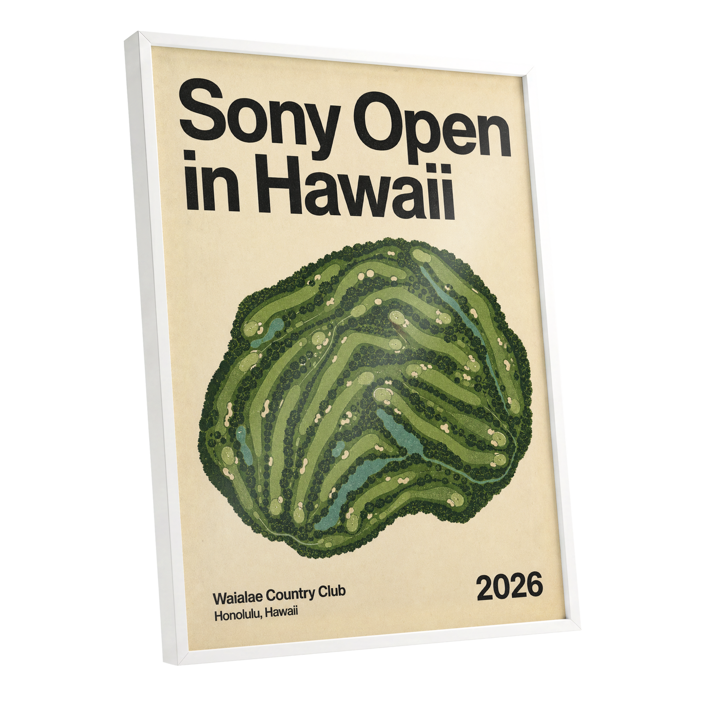 Waialae Greenscape, green, beige, black nature wall art shown as a white framed poster wall art print