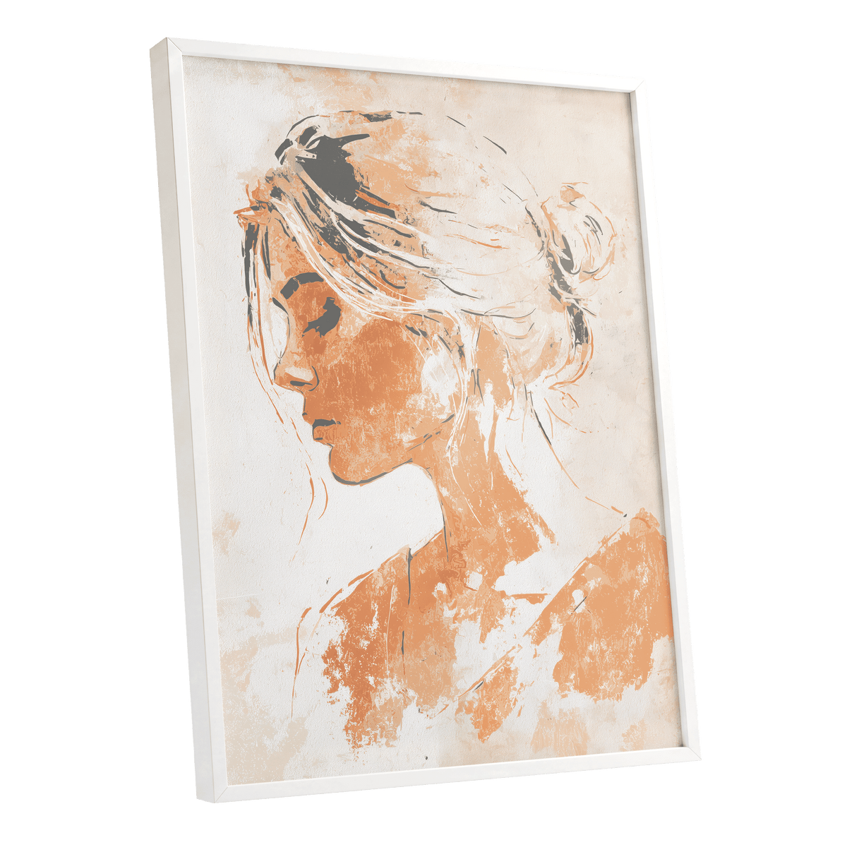Warm Abstract Woman: a framed art print featuring an abstract portrait of a woman in profile, rendered in warm orange, beige, and white tones, shown at an angle against a plain white background.