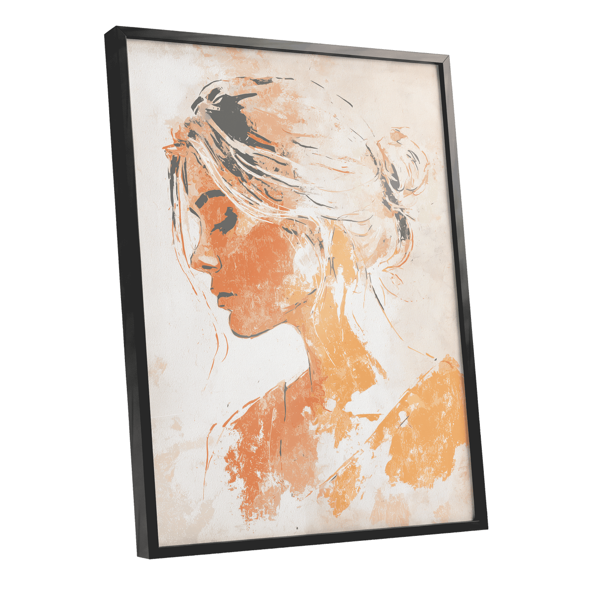Warm Abstract Woman: framed wall art featuring an abstract portrait of a woman in profile, rendered in warm orange, beige, and black tones on a light background, shown in a black frame against a white backdrop.