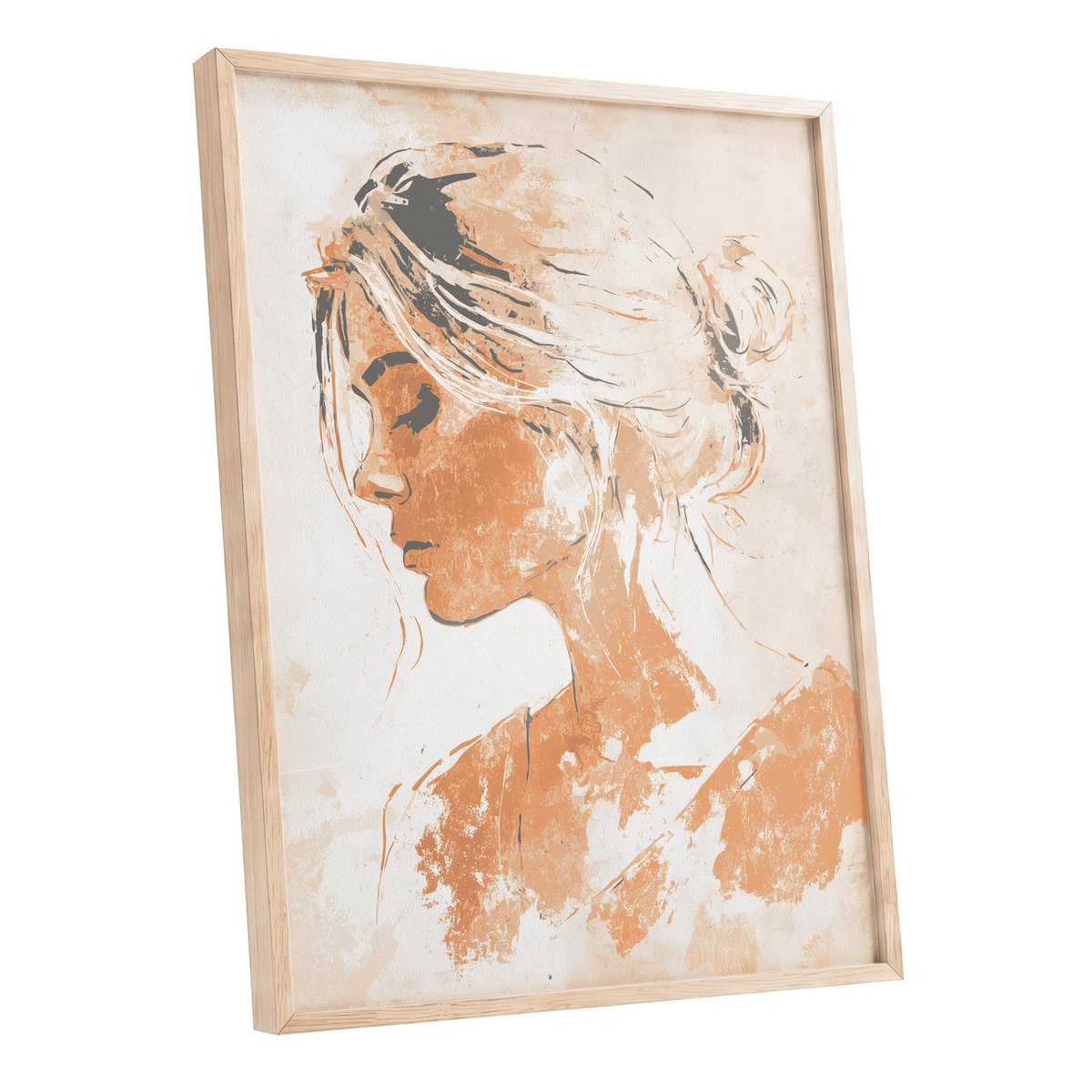 Warm Abstract Woman: framed wall art featuring an abstract portrait of a woman in side profile, rendered in warm orange, beige, and white tones within a light natural wood frame, shown on a plain white background.