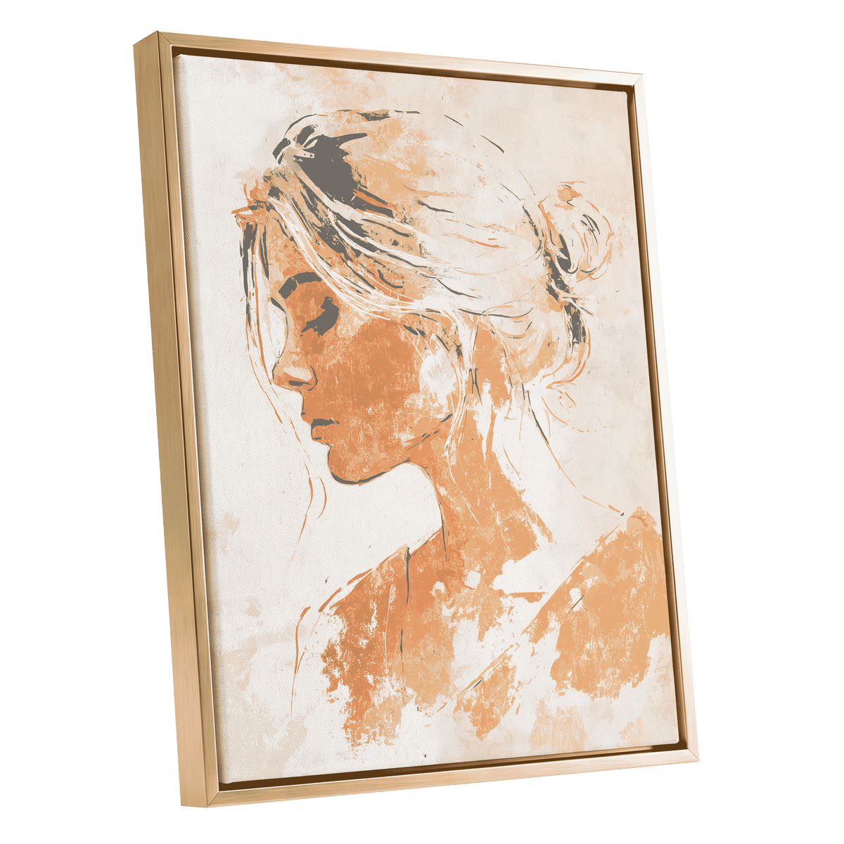 Warm Abstract Woman: framed wall art featuring an abstract portrait of a woman in side profile, rendered in warm peach, tan, cream, and dark brown tones within a light wood frame.