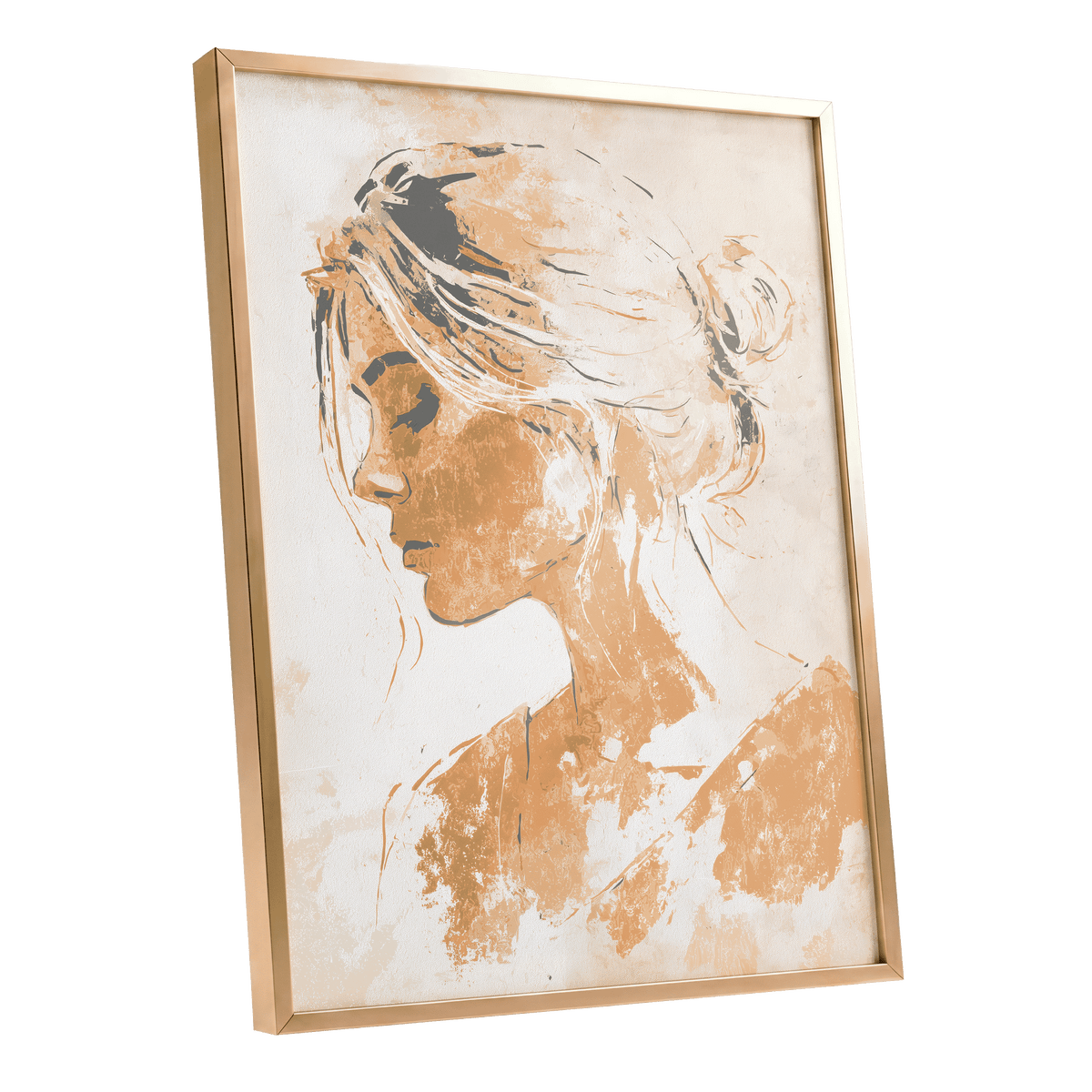Warm Abstract Woman: framed wall art featuring an abstract portrait of a woman in side profile, rendered in warm tan, beige, and white tones with a thin gold frame, shown on a plain white background.