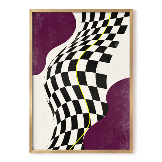 Warped Check Rhythm, black, beige, purple abstract wall art, front artwork view