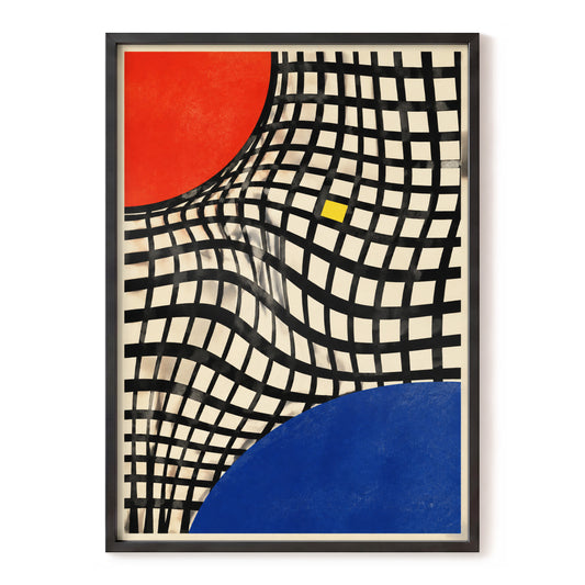 Warped Grid Orbits, black, blue, red abstract wall art, front artwork view