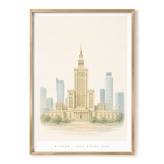 Warsaw in Soft Focus, beige, blue, green minimalist wall art, front artwork view