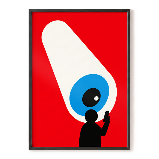 Watching the Watcher, red, white, blue minimalist wall art, front artwork view