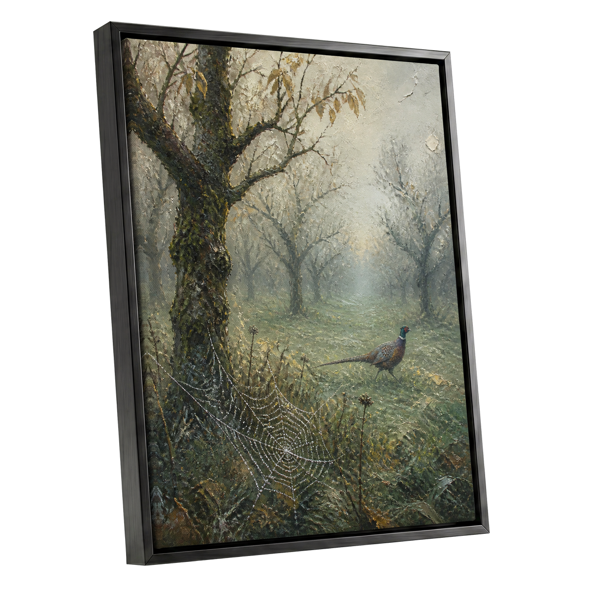 Web in the Morning Mist, green, beige, gray nature wall art shown as a black framed canvas wall art