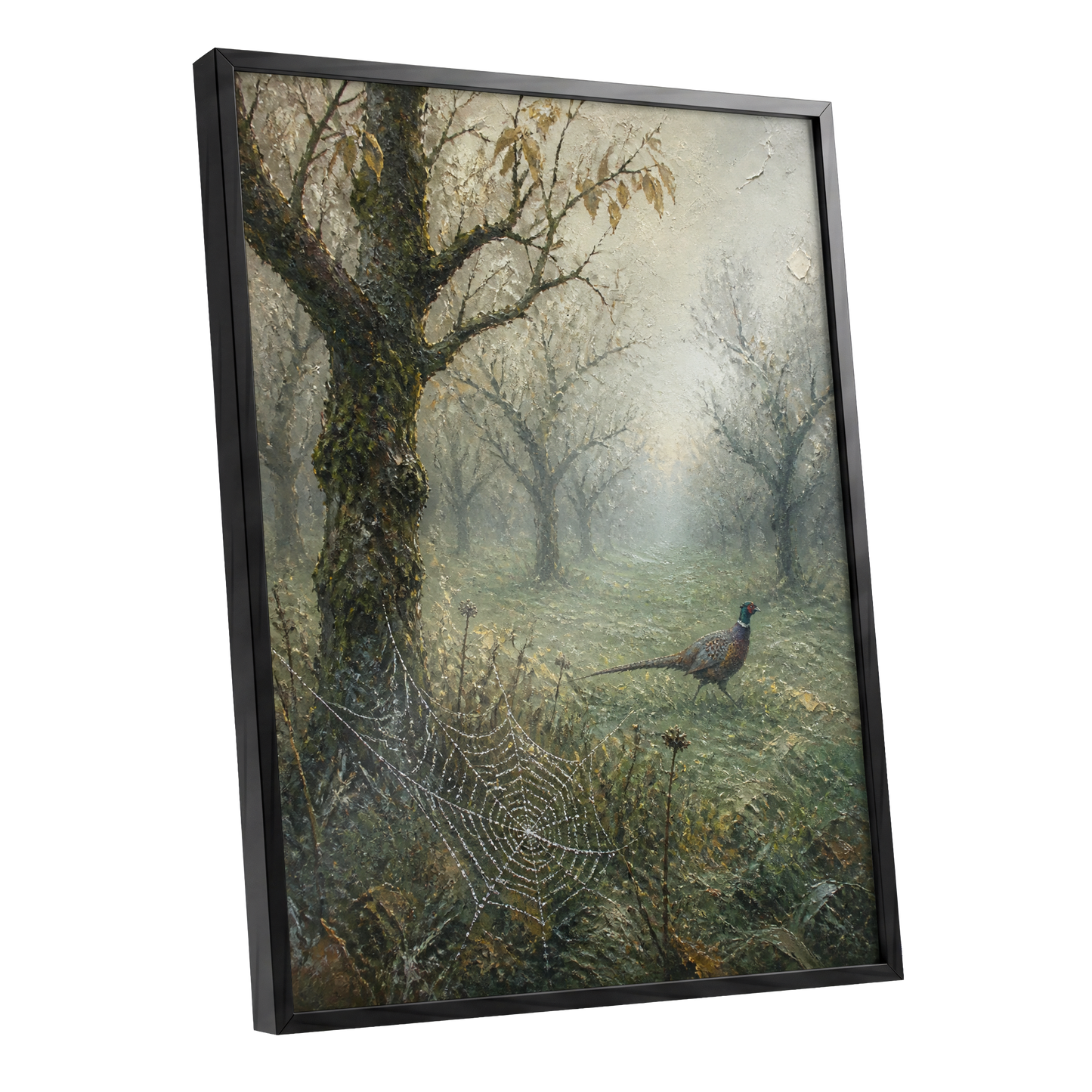 Web in the Morning Mist, green, beige, gray nature wall art shown as a black framed poster wall art print