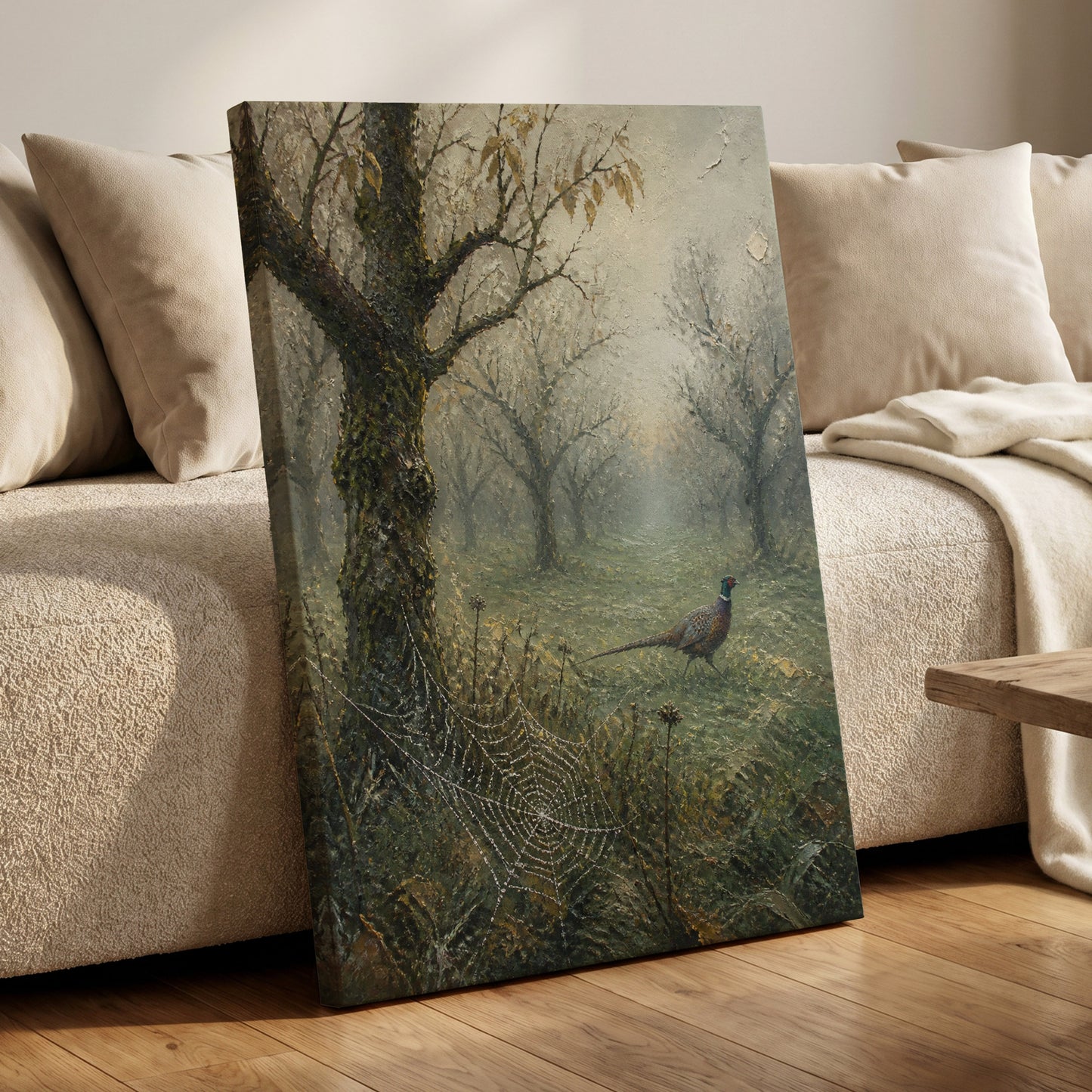 Web in the Morning Mist, green, beige, gray nature wall art on canvas displayed in a styled interior, gallery view 1