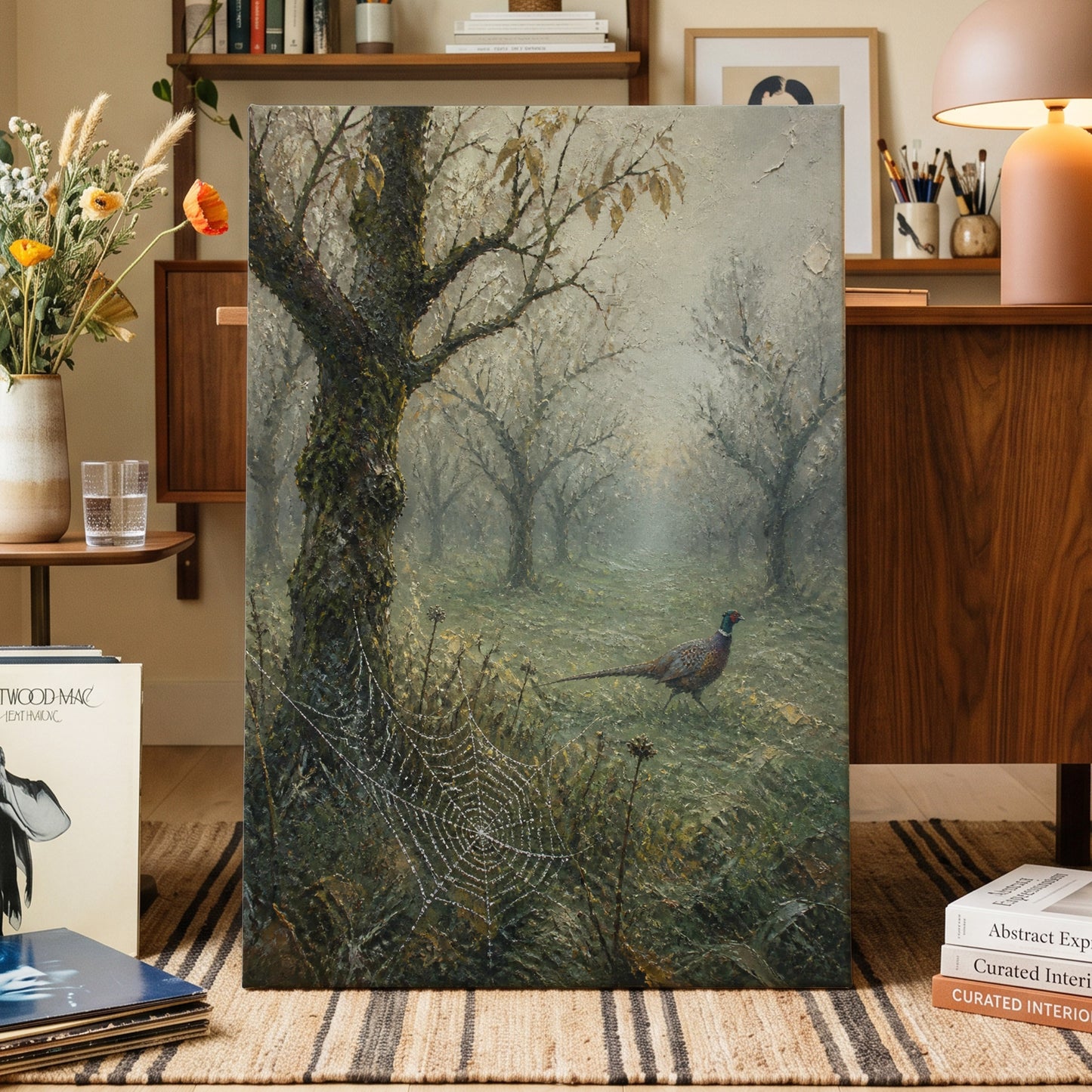 Web in the Morning Mist, green, beige, gray nature wall art on canvas displayed in a styled interior, gallery view 2