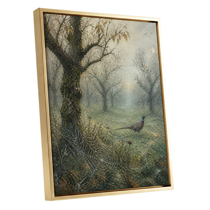 Web in the Morning Mist, green, beige, gray nature wall art shown as a gold framed canvas wall art