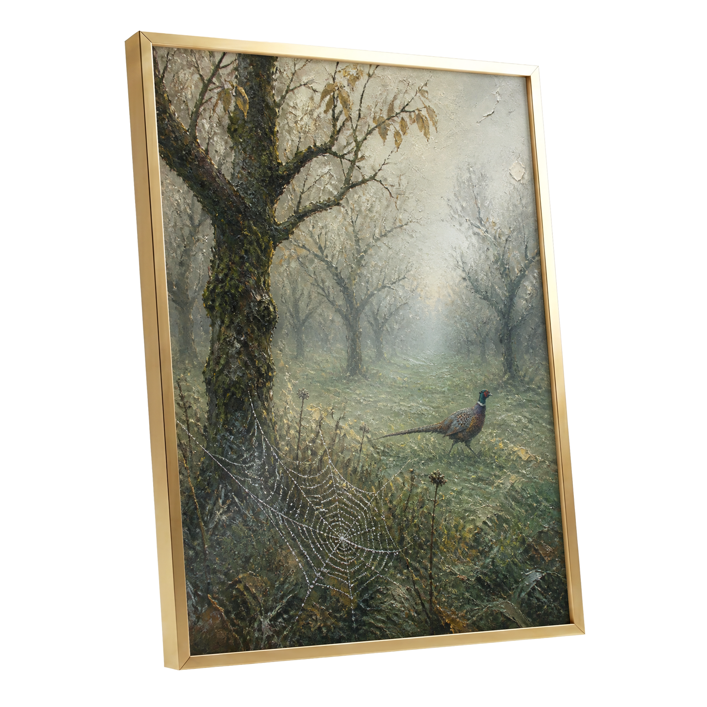 Web in the Morning Mist, green, beige, gray nature wall art shown as a gold framed poster wall art print