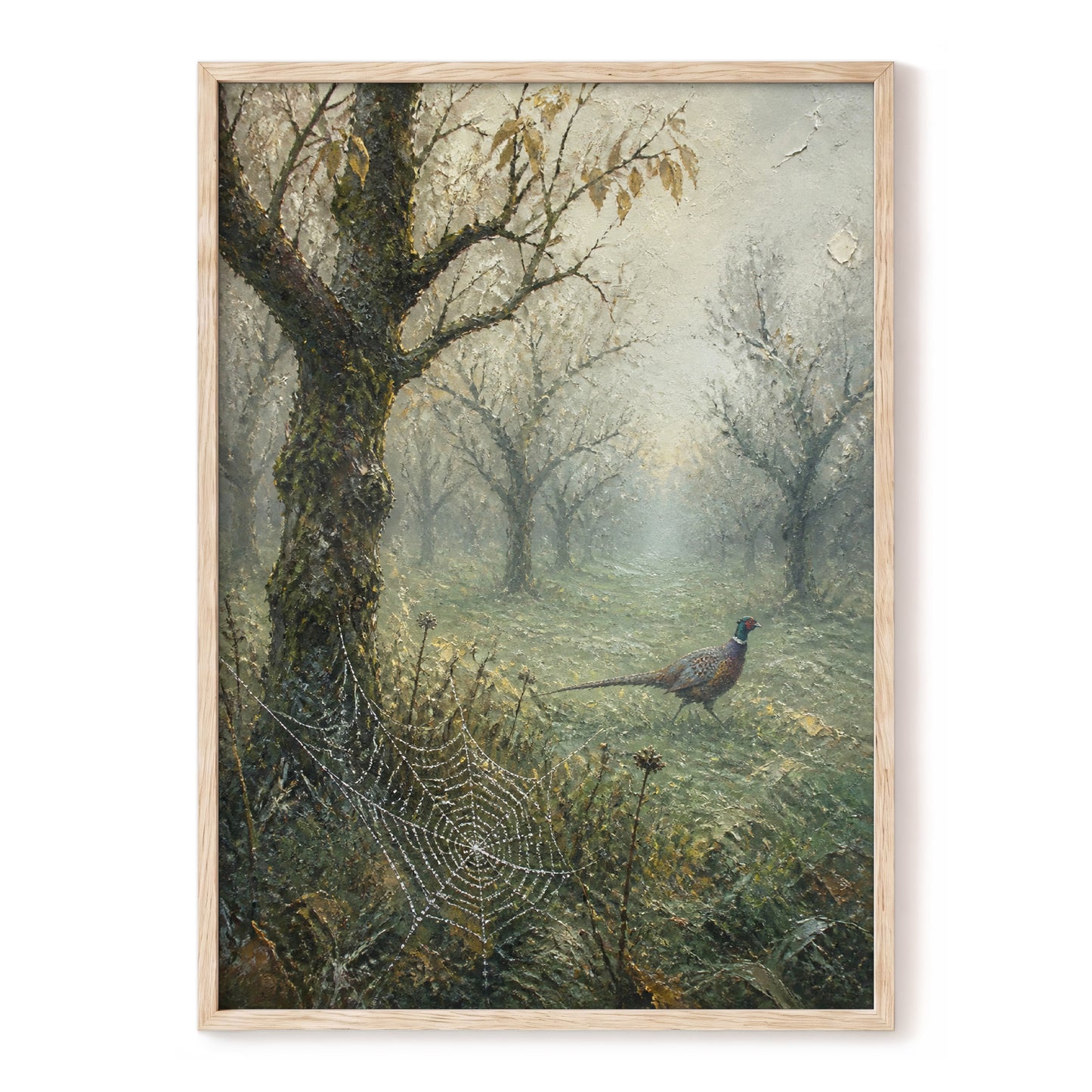 Web in the Morning Mist, green, beige, gray nature wall art, front artwork view
