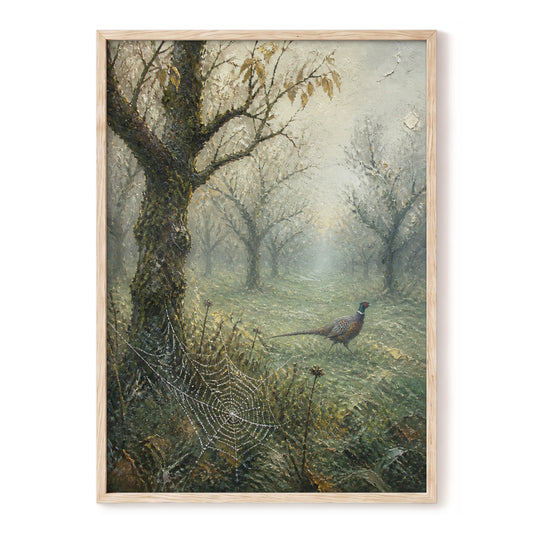 Web in the Morning Mist, green, beige, gray nature wall art, front artwork view