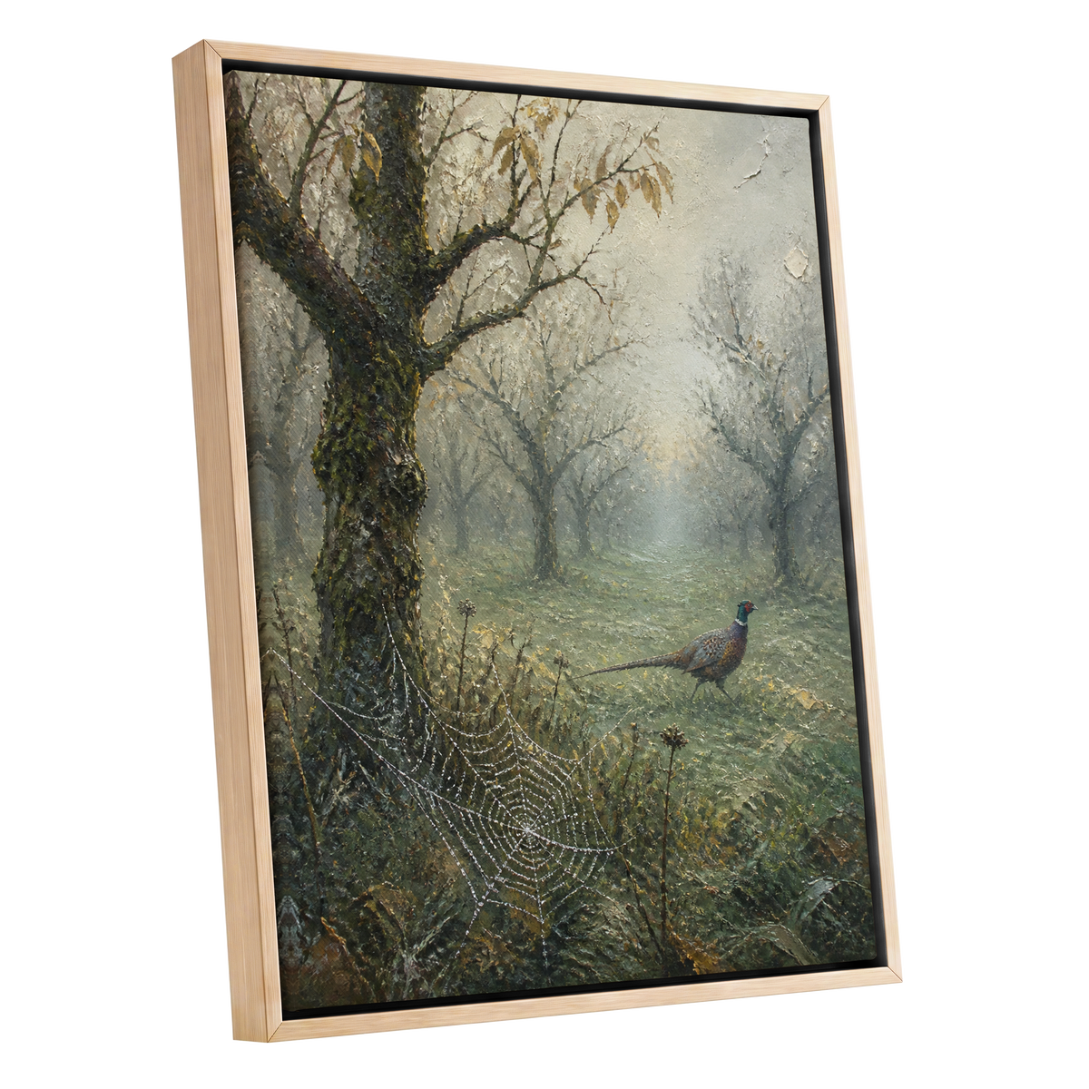 Web in the Morning Mist, green, beige, gray nature wall art shown as a oak framed canvas wall art