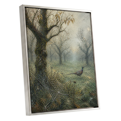 Web in the Morning Mist, green, beige, gray nature wall art shown as a silver framed canvas wall art