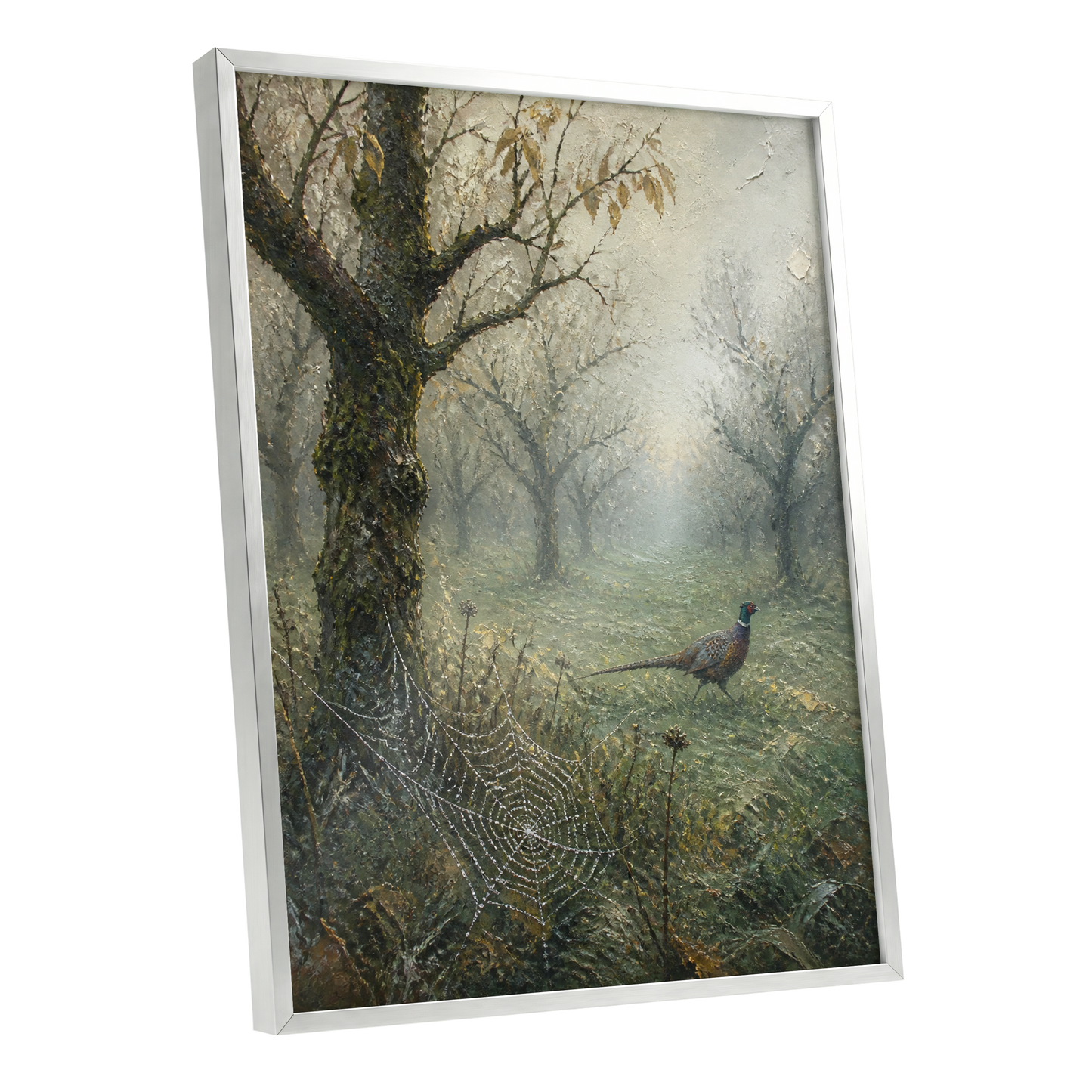 Web in the Morning Mist, green, beige, gray nature wall art shown as a silver framed poster wall art print