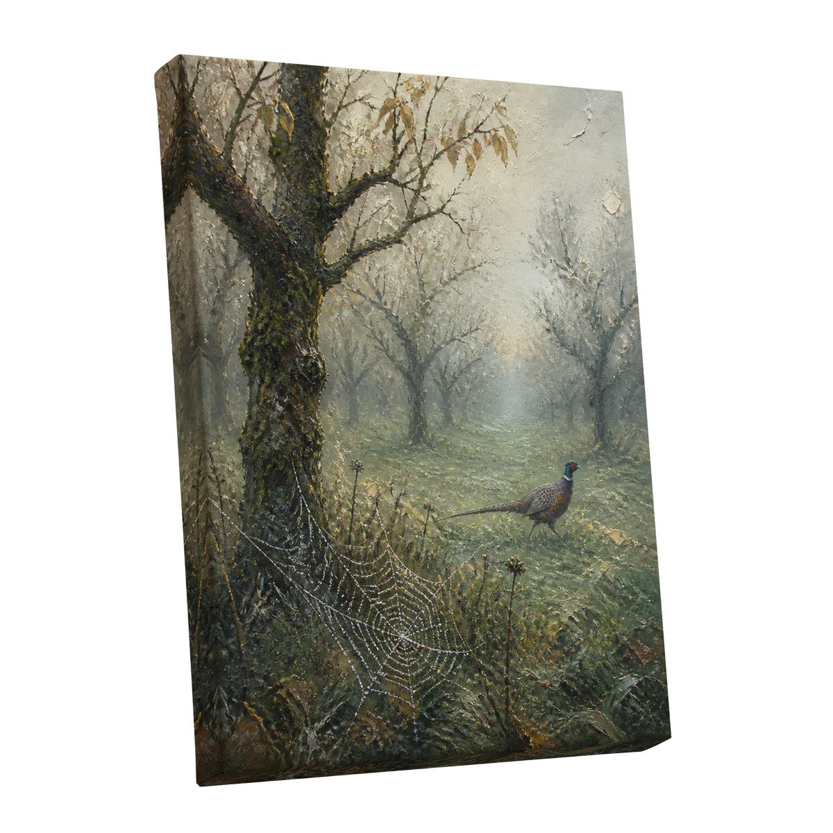 Web in the Morning Mist, green, beige, gray nature wall art shown as a stretched canvas wall art