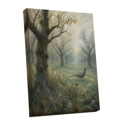 Web in the Morning Mist, green, beige, gray nature wall art shown as a stretched canvas wall art