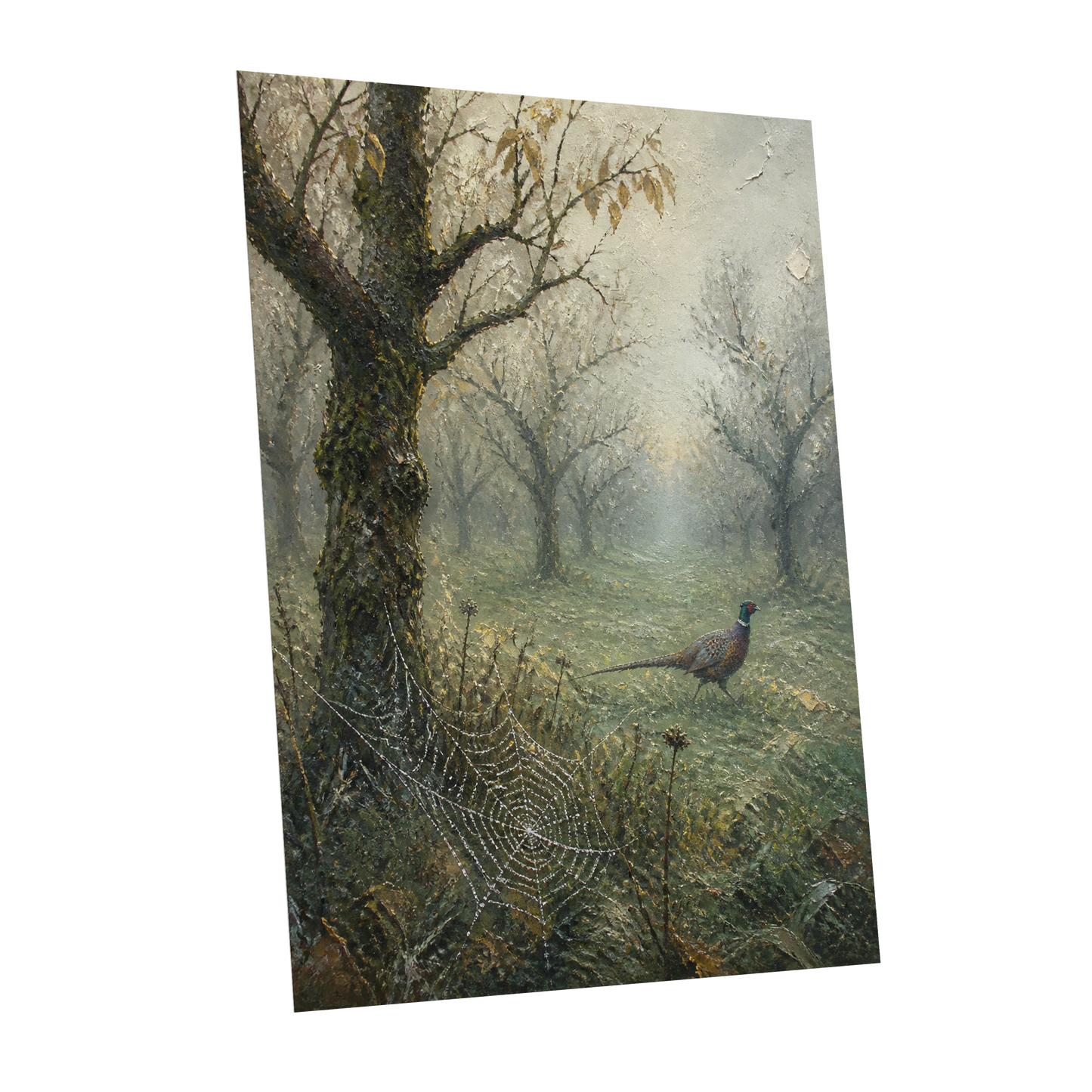 Web in the Morning Mist, green, beige, gray nature wall art shown as a unframed poster wall art print