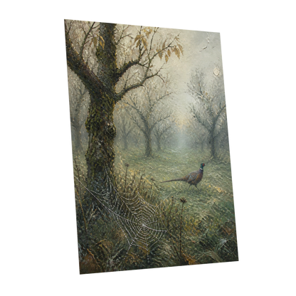 Web in the Morning Mist, green, beige, gray nature wall art shown as a unframed poster wall art print