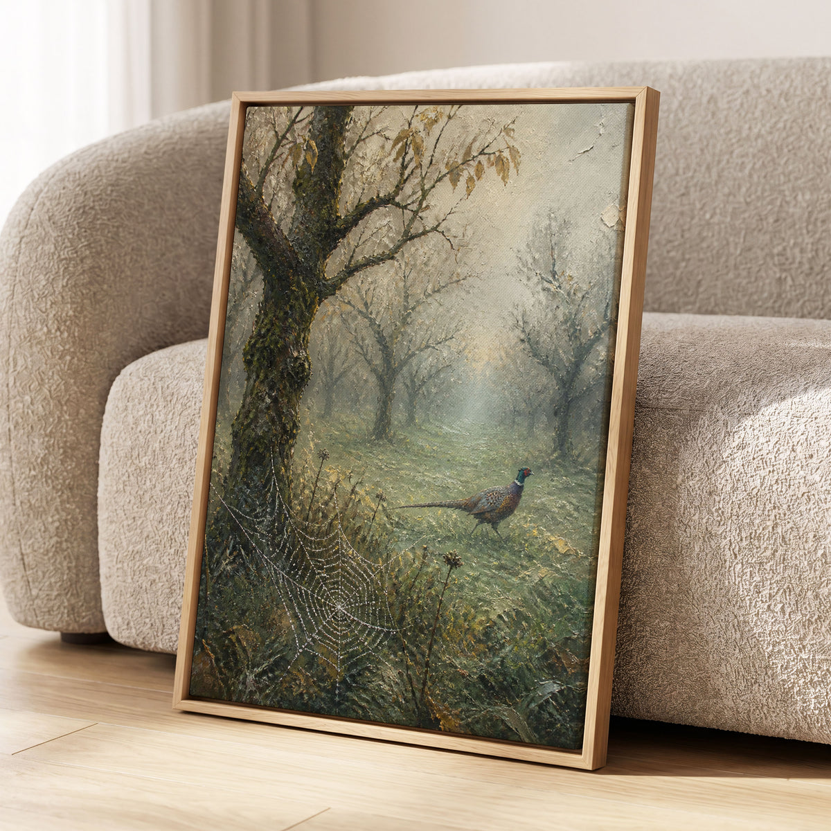 Web in the Morning Mist, green, beige, gray nature wall art displayed in a styled interior, gallery view 1