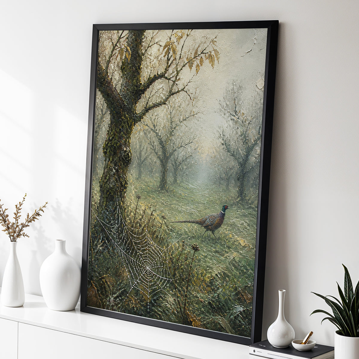 Web in the Morning Mist, green, beige, gray nature wall art displayed in a styled interior, gallery view 2