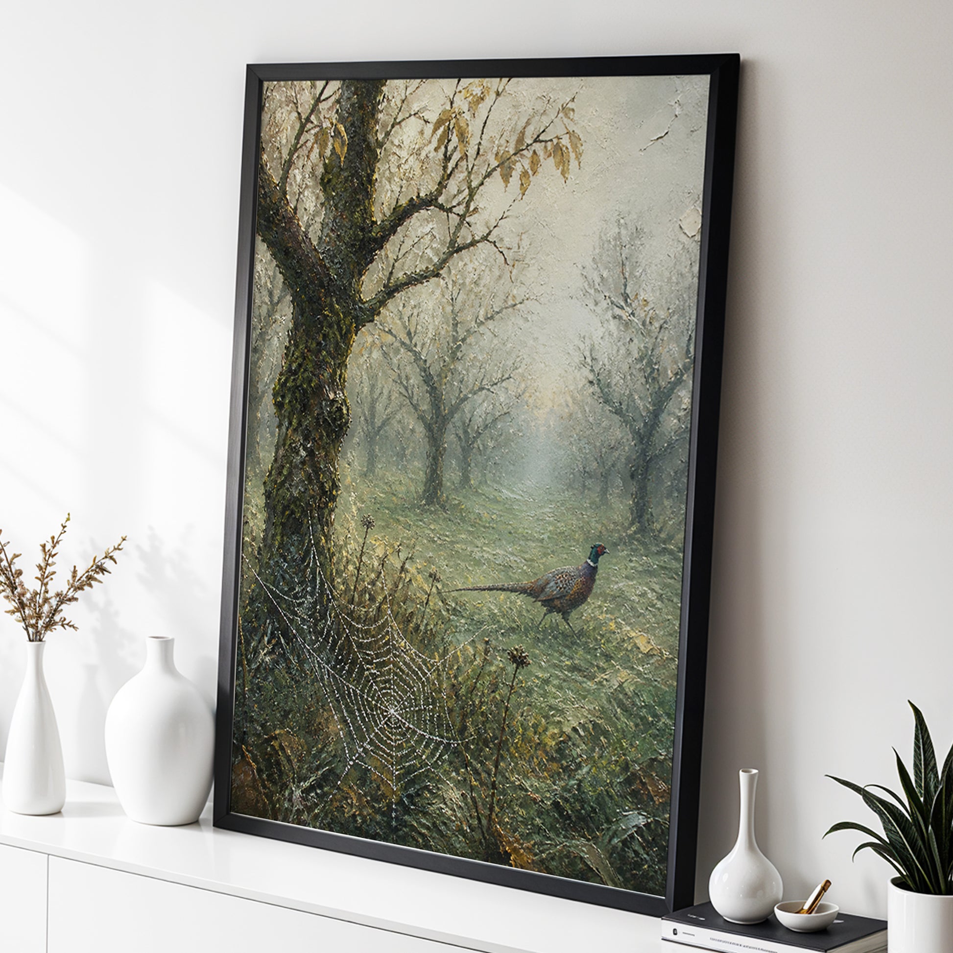 Web in the Morning Mist, green, beige, gray nature wall art displayed in a styled interior, gallery view 2