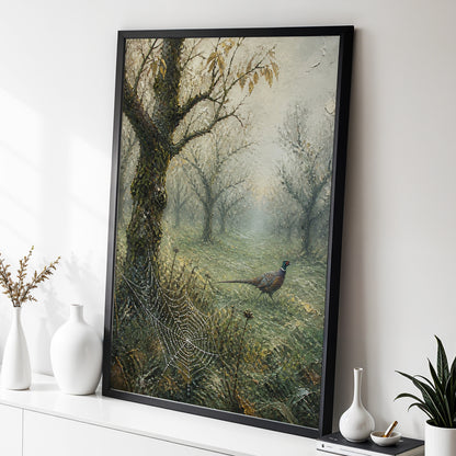 Web in the Morning Mist, green, beige, gray nature wall art displayed in a styled interior, gallery view 2