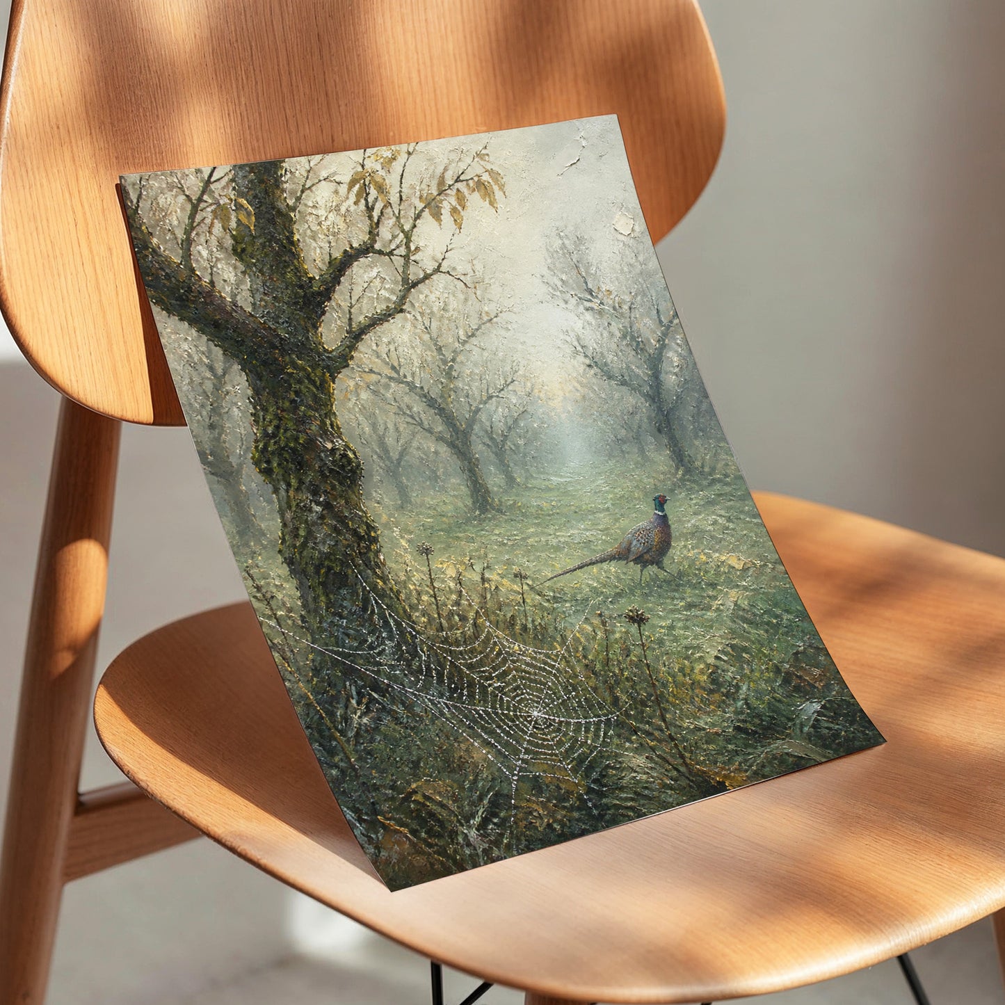 Web in the Morning Mist, green, beige, gray nature wall art displayed in a styled interior, gallery view 3