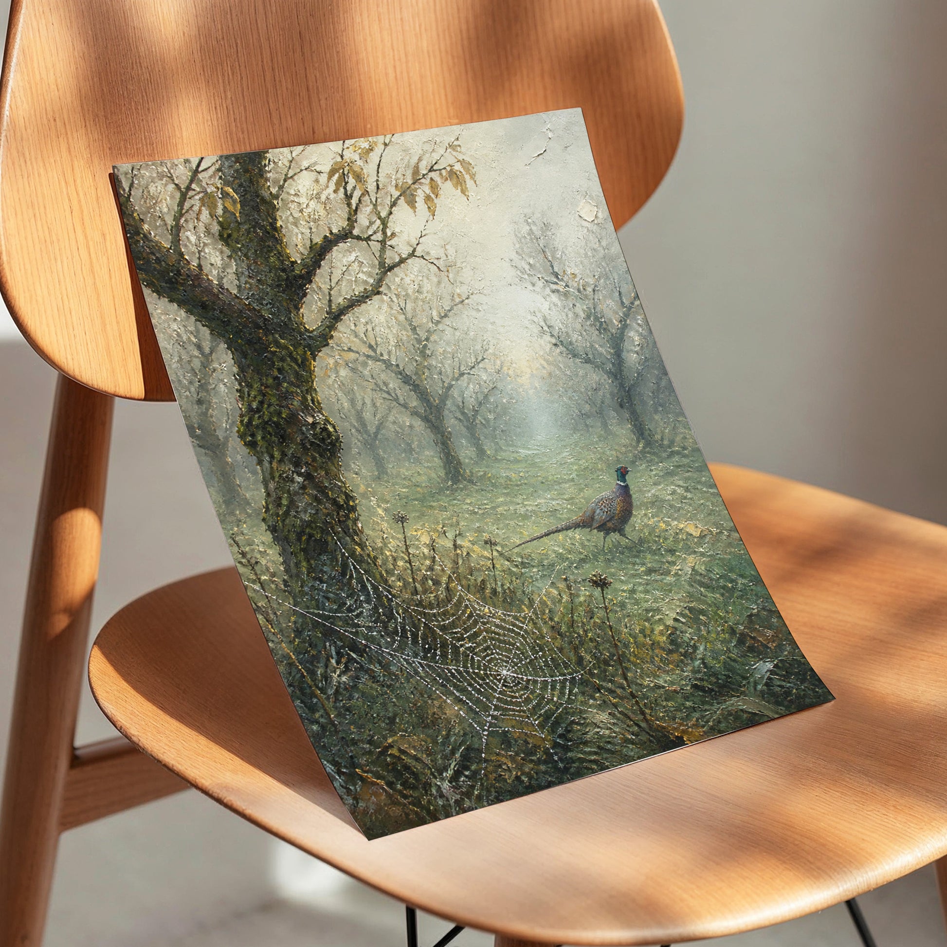 Web in the Morning Mist, green, beige, gray nature wall art displayed in a styled interior, gallery view 3