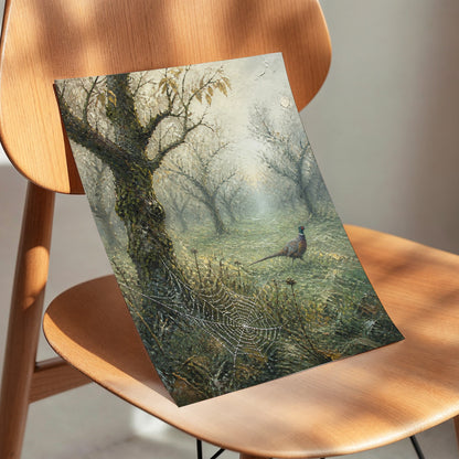 Web in the Morning Mist, green, beige, gray nature wall art displayed in a styled interior, gallery view 3