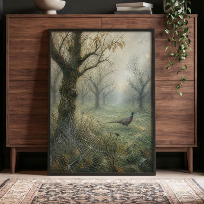 Web in the Morning Mist, green, beige, gray nature wall art displayed in a styled interior, gallery view 4