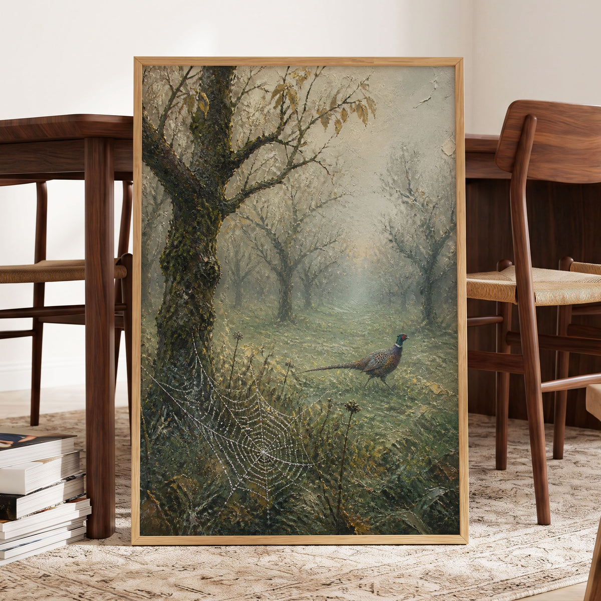 Web in the Morning Mist, green, beige, gray nature wall art displayed in a styled interior, gallery view 5
