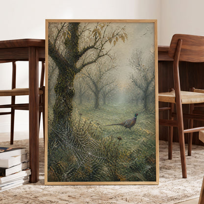Web in the Morning Mist, green, beige, gray nature wall art displayed in a styled interior, gallery view 5