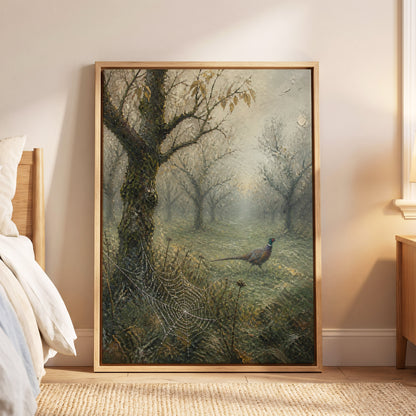 Web in the Morning Mist, green, beige, gray nature wall art displayed in a styled interior, gallery view 6