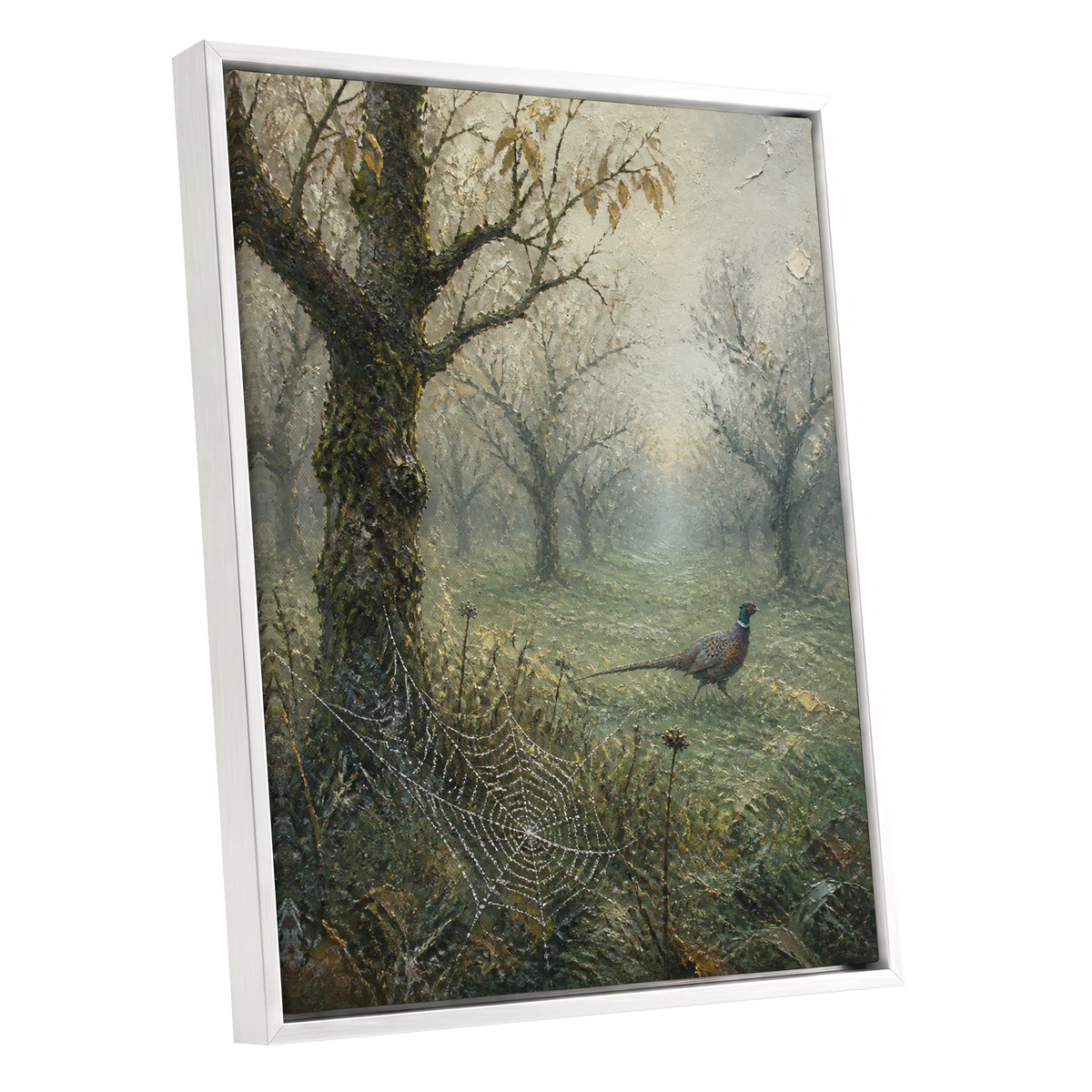 Web in the Morning Mist, green, beige, gray nature wall art shown as a white framed canvas wall art